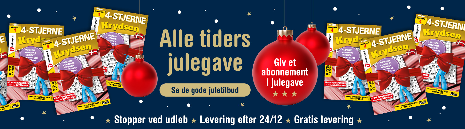 gaveabonnement 4-stjerne krydsen gaveabonnement, 4-stjerne krydsen, krydsord, tankesport, stopper ved udløb, gratis levering