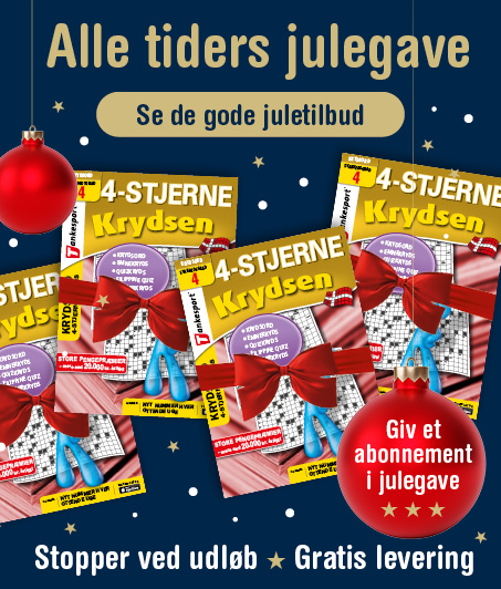 gaveabonnement 4-stjerne krydsen gaveabonnement, 4-stjerne krydsen, krydsord, tankesport, stopper ved udløb, gratis levering